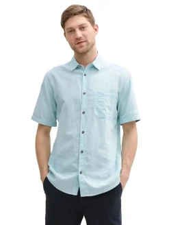 Regular Fit Kurzarmhemd mit Leinenanteil pastel turquoise chambray