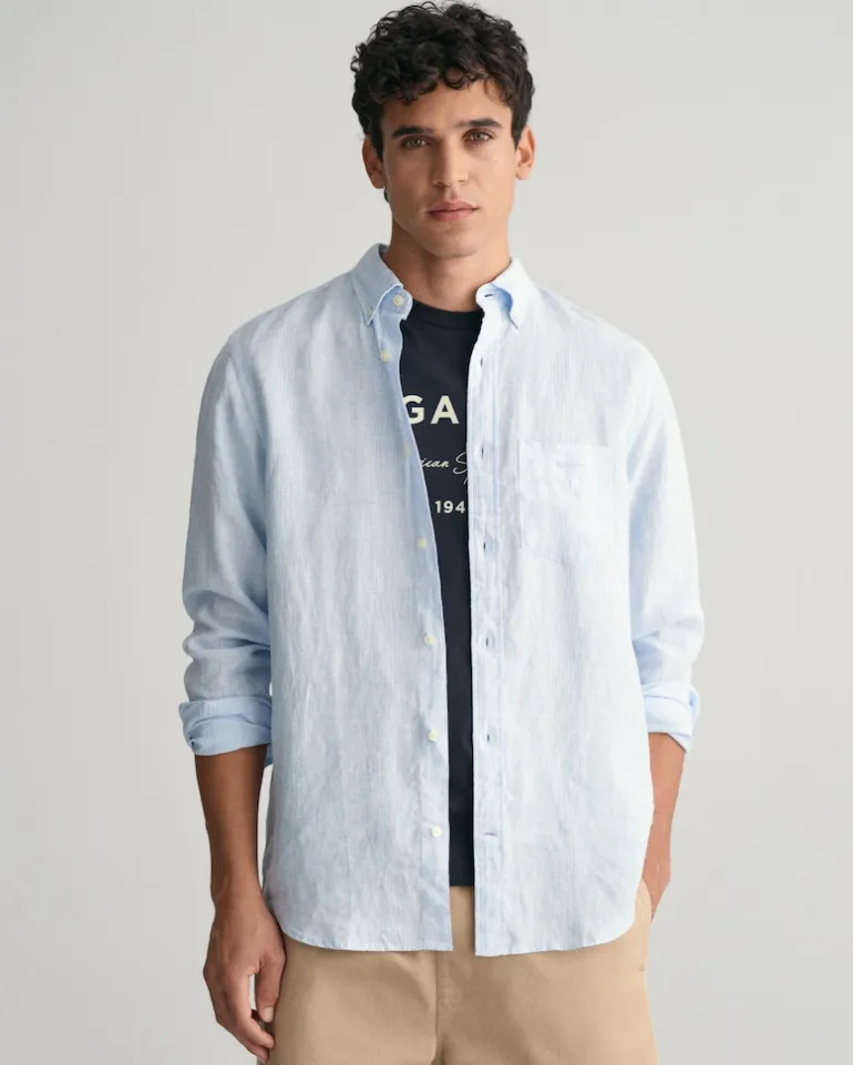 Regular Fit Leinen Hemd mit Streifen capri blue