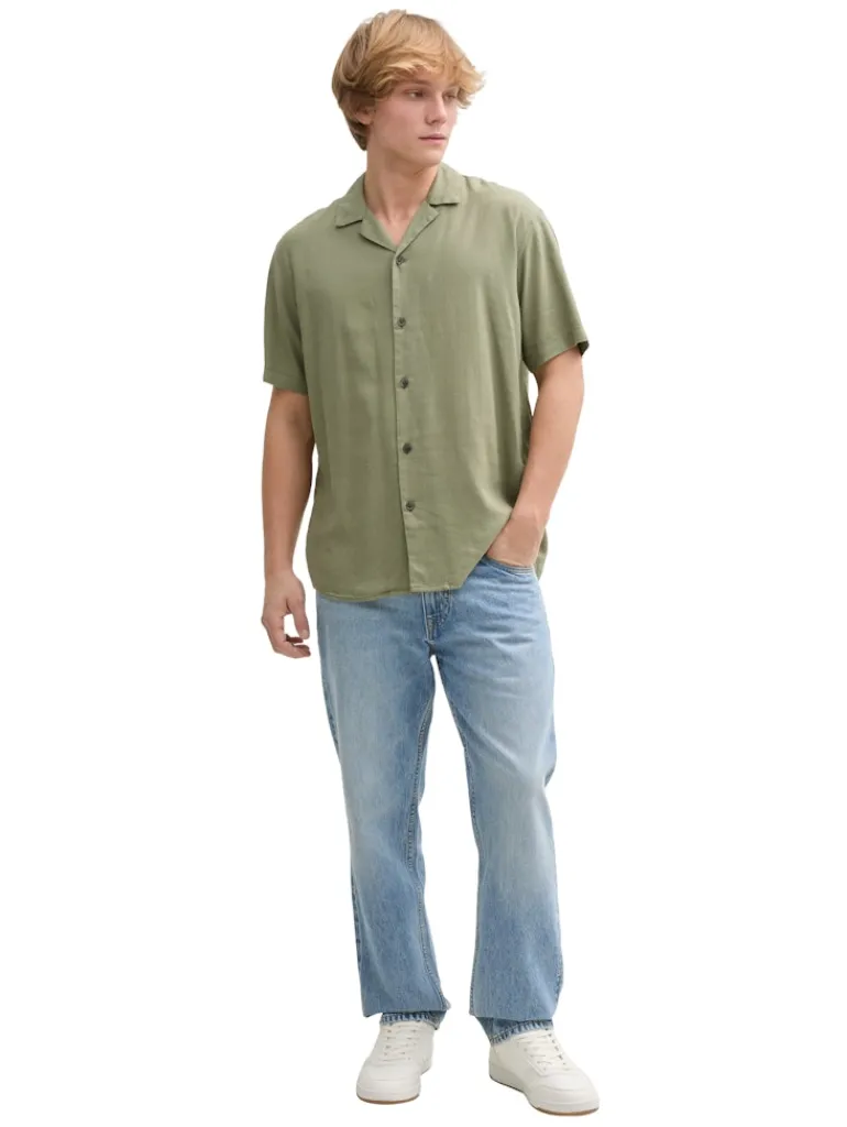 Relaxed Fit Kurzarmhemd mit Leinenanteil tree moss green