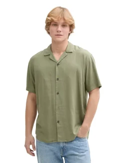 Relaxed Fit Kurzarmhemd mit Leinenanteil tree moss green