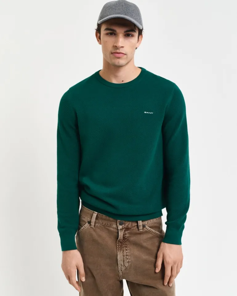 Rundhalspullover aus Baumwoll-Piqué deep forest green