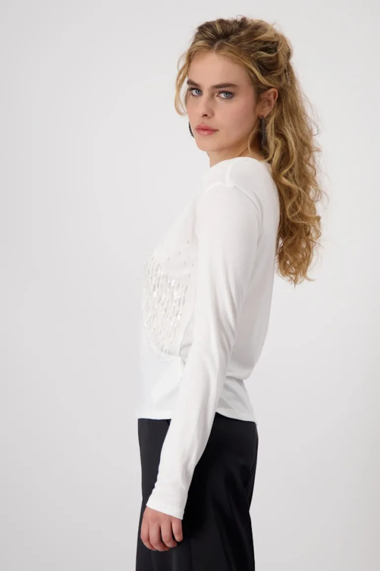 Shirt mit Pailletten und Perlen off-white