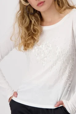 Shirt mit Pailletten und Perlen off-white