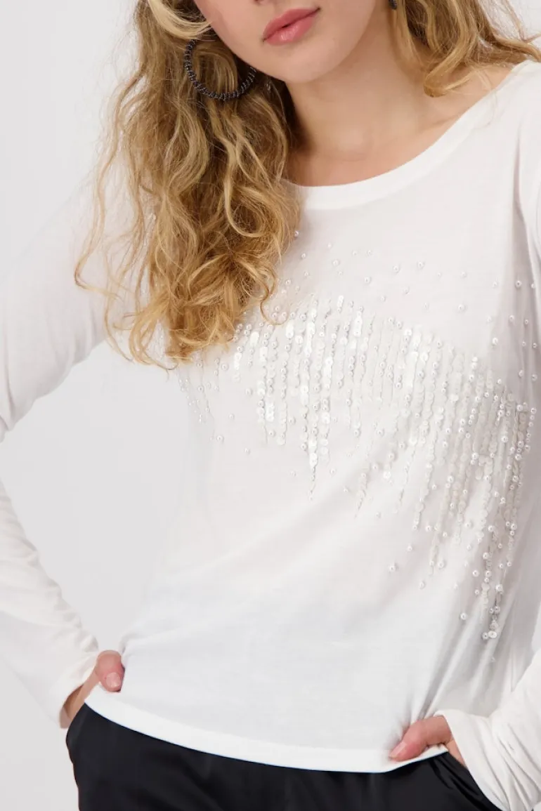Shirt mit Pailletten und Perlen off-white