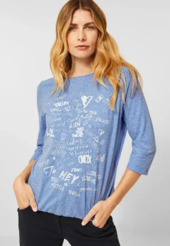 Shirt mit Wording Print dusk sky blue melange