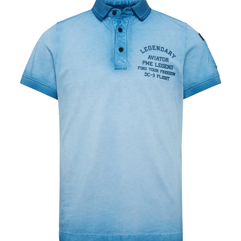 Short sleeve polo light pique cold dye blue