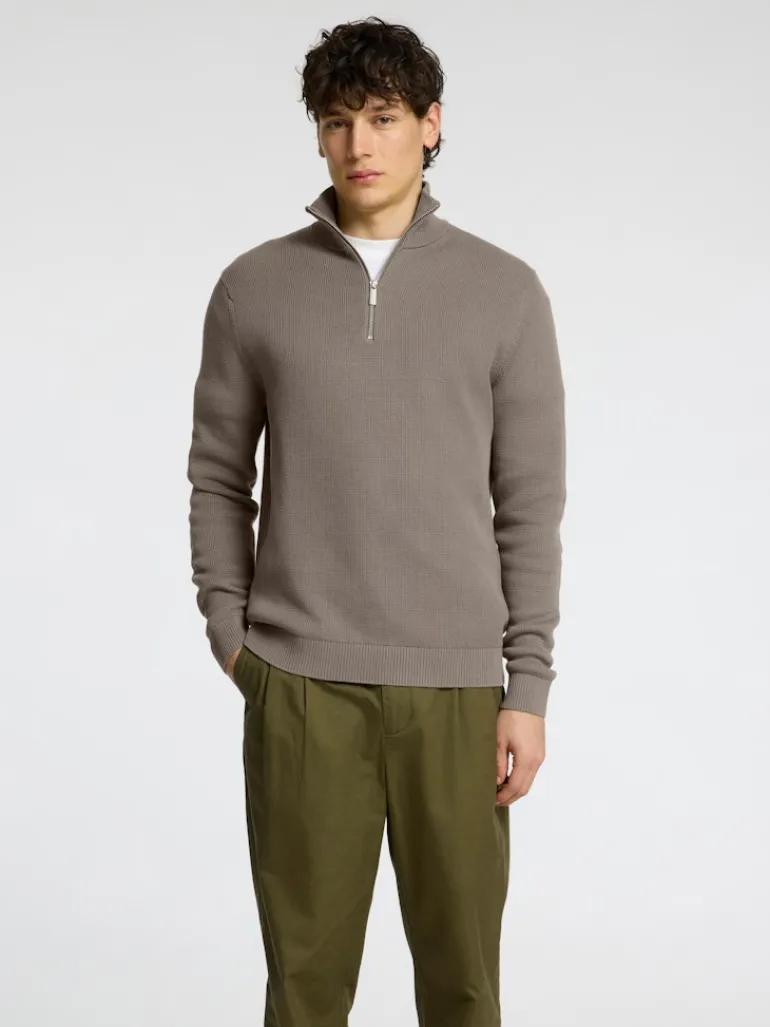 SLHDANE LS KNIT STRUCTURE HALF ZIP NOOS morel