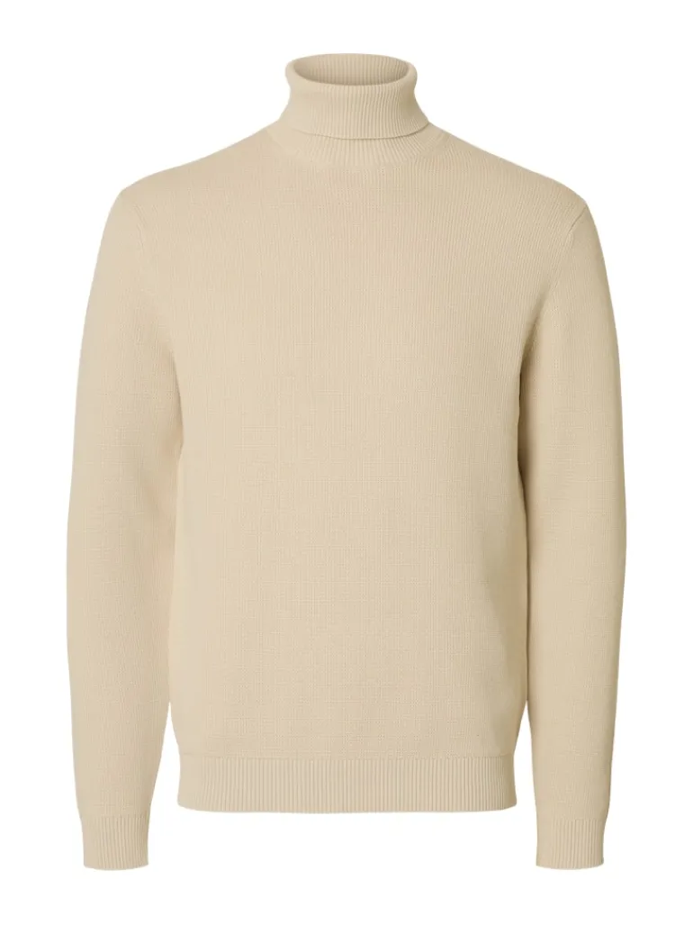 SLHDANE LS KNIT STRUCTURE ROLL NECK NOOS oatmeal