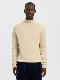 SLHDANE LS KNIT STRUCTURE ROLL NECK NOOS oatmeal