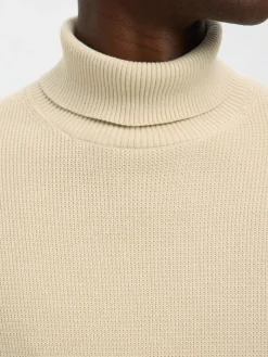 SLHDANE LS KNIT STRUCTURE ROLL NECK NOOS oatmeal
