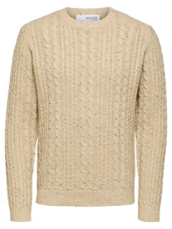 SLHHENRY LS KNIT CABLE CREW NECK W oatmeal
