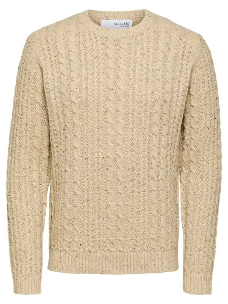 SLHHENRY LS KNIT CABLE CREW NECK W oatmeal
