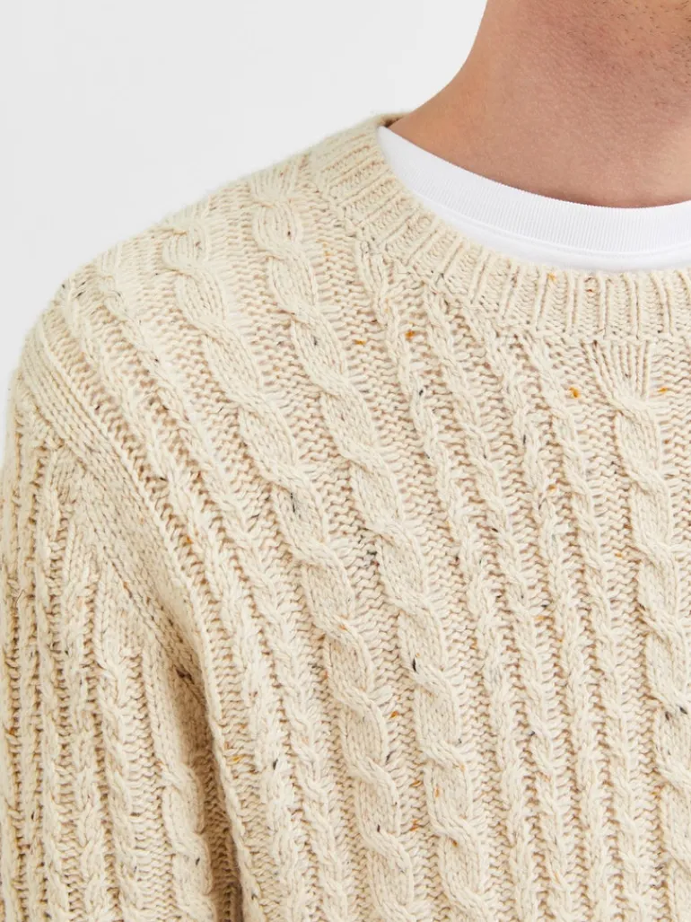 SLHHENRY LS KNIT CABLE CREW NECK W oatmeal
