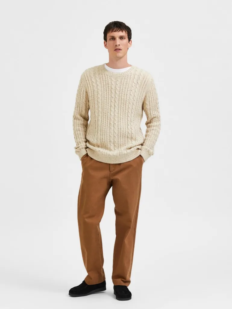 SLHHENRY LS KNIT CABLE CREW NECK W oatmeal