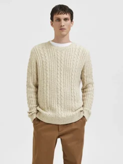 SLHHENRY LS KNIT CABLE CREW NECK W oatmeal