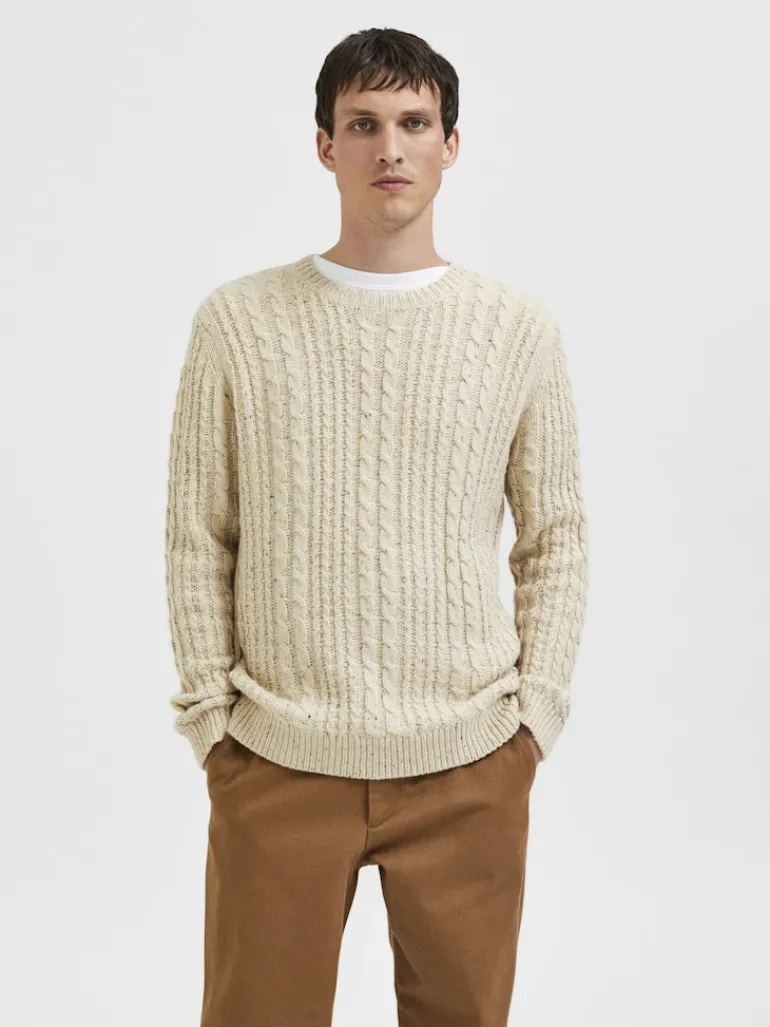 SLHHENRY LS KNIT CABLE CREW NECK W oatmeal