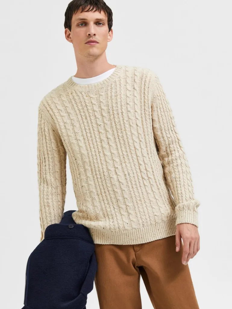SLHHENRY LS KNIT CABLE CREW NECK W oatmeal