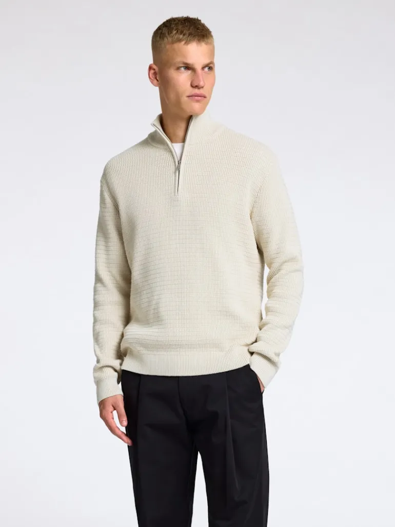 SLHTHEO LS KNIT STRUCTURE HALF ZIP oatmeal