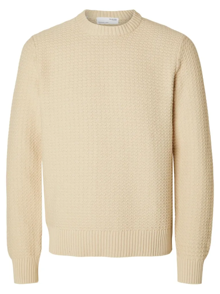 SLHTHIM LS KNIT STRUCTURE CREW NECK W oatmeal