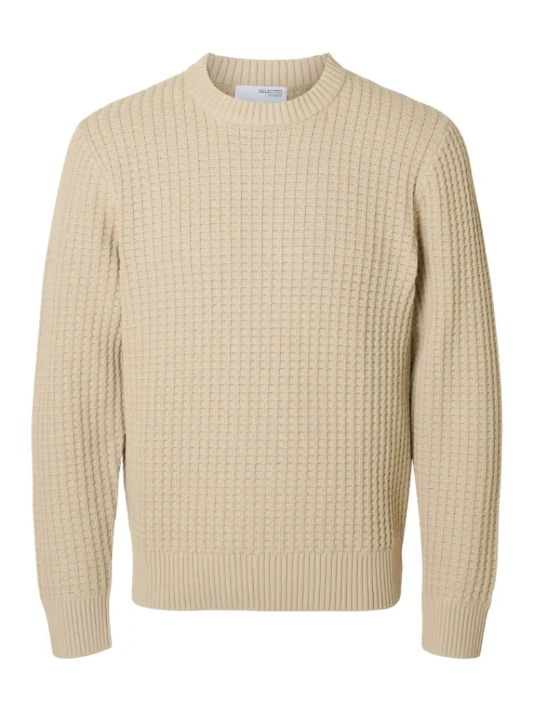 SLHTOM LS KNIT STRUCTURE CREW NECK oatmeal