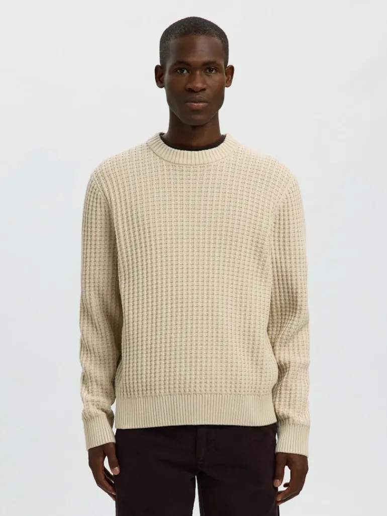 SLHTOM LS KNIT STRUCTURE CREW NECK oatmeal