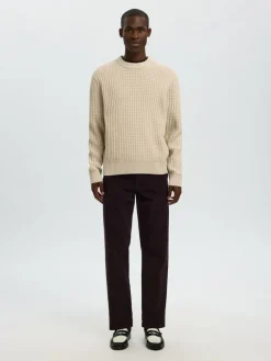 SLHTOM LS KNIT STRUCTURE CREW NECK oatmeal