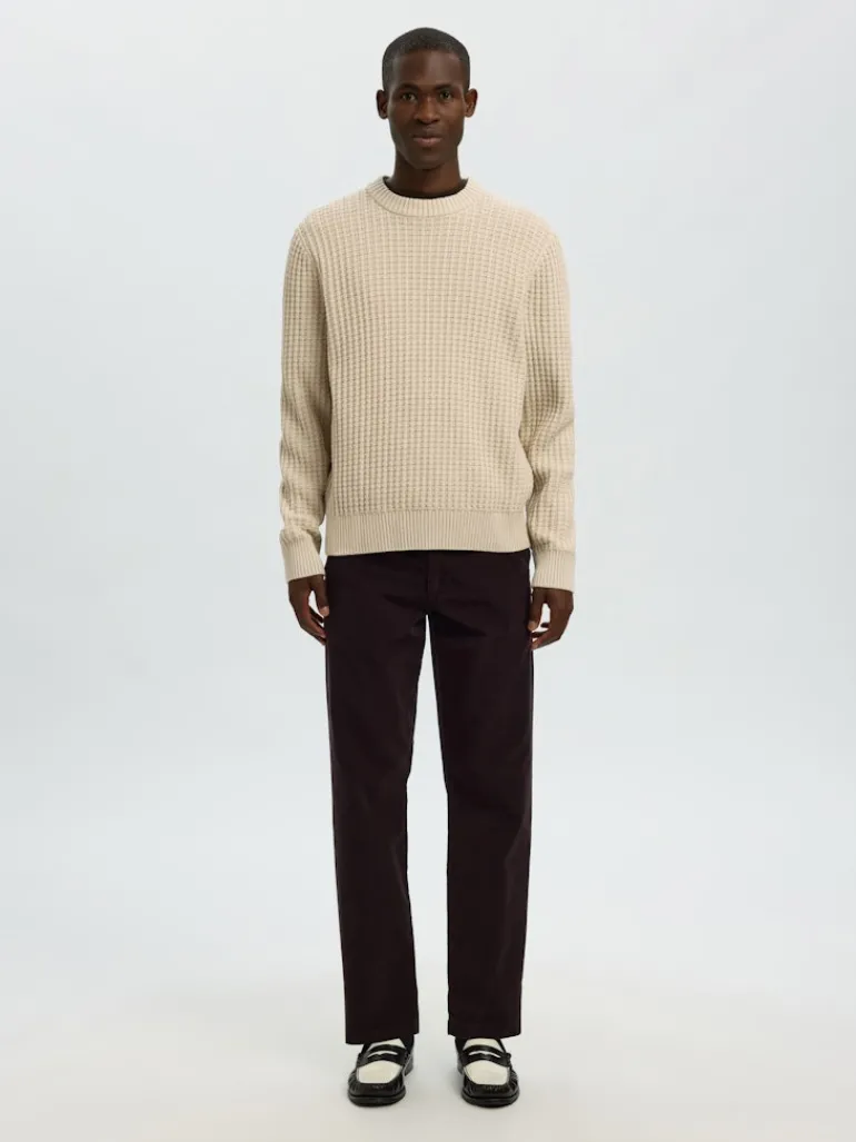 SLHTOM LS KNIT STRUCTURE CREW NECK oatmeal