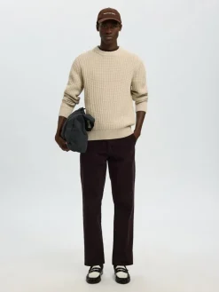 SLHTOM LS KNIT STRUCTURE CREW NECK oatmeal
