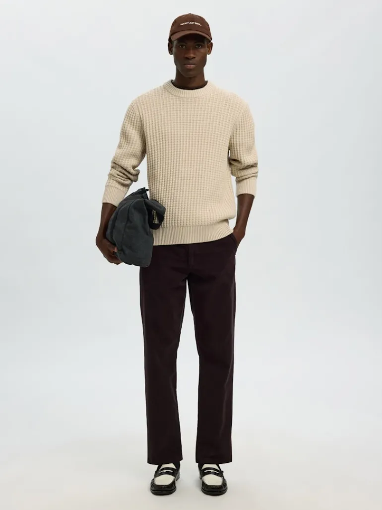SLHTOM LS KNIT STRUCTURE CREW NECK oatmeal