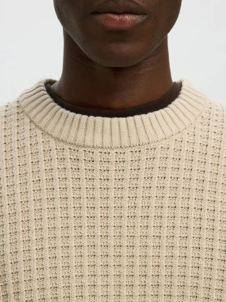 SLHTOM LS KNIT STRUCTURE CREW NECK oatmeal