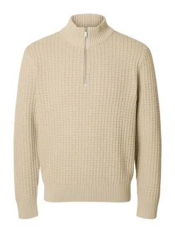 SLHTOM LS KNIT STRUCTURE HALF ZIP oatmeal