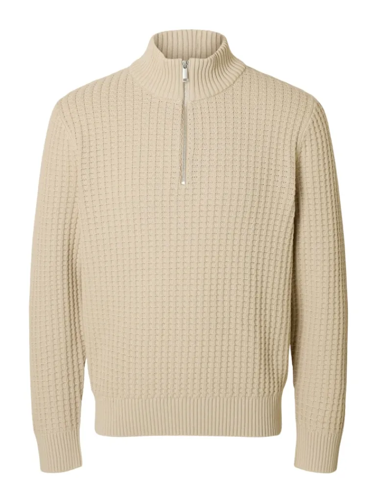 SLHTOM LS KNIT STRUCTURE HALF ZIP oatmeal