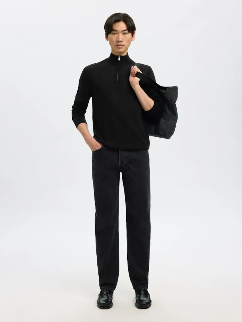 SLHTRAY LS KNIT MERINO HALF ZIP NOOS black