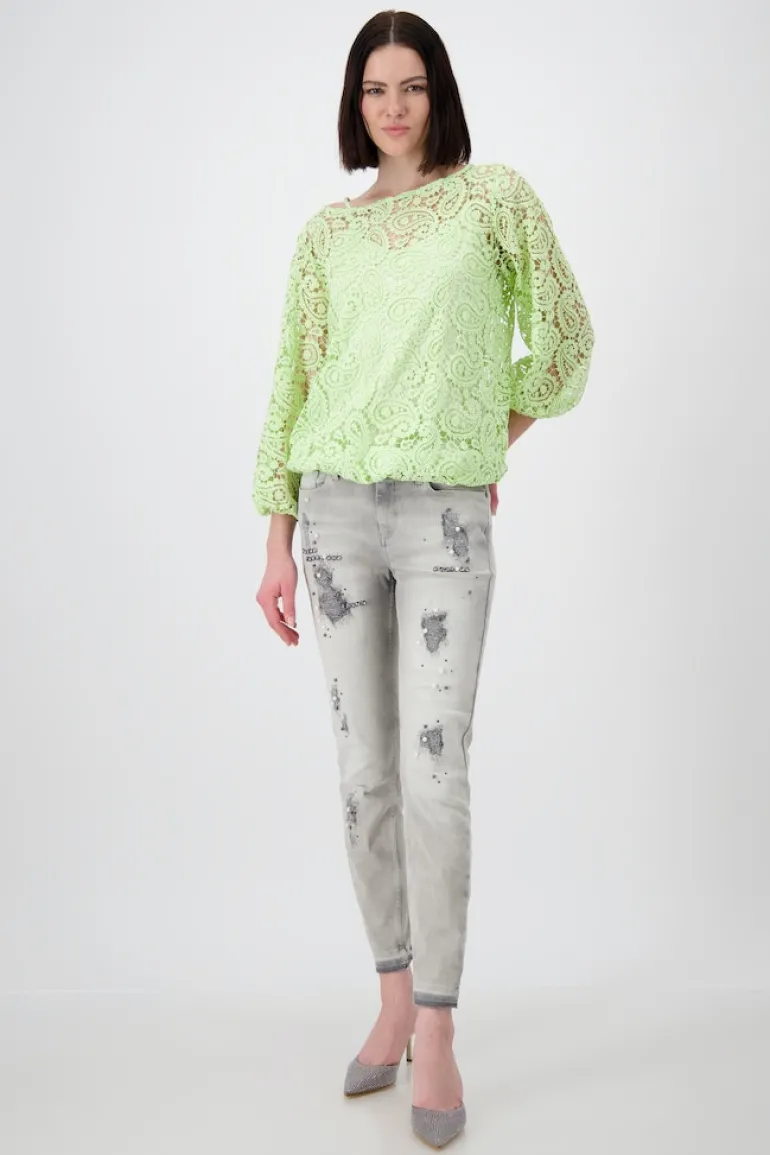 Spitzenshirt mit U Boot Ausschnitt pastell green