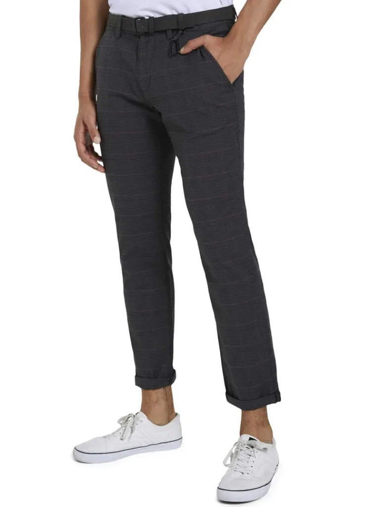 Straight Fit Chino Hose mit Gürtel grey brown check yarn dye