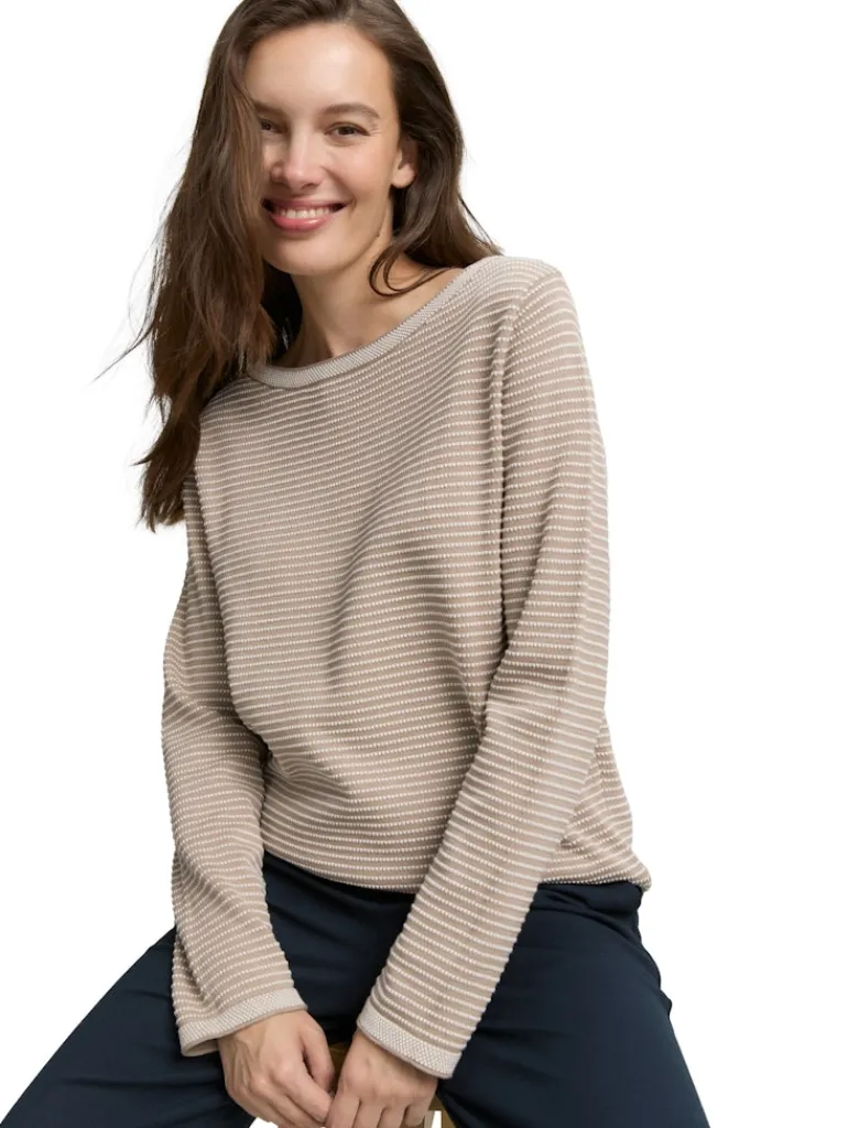 Strickpullover mit U-Boot-Ausschnitt soft taupe bubble knit stripe