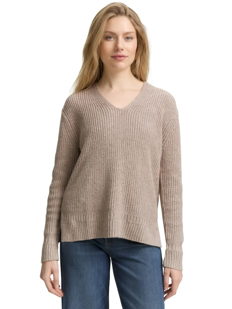 Strickpullover mit V-Ausschnitt soft taupe melange
