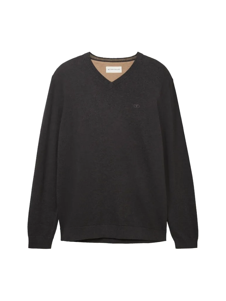 Strickpullover mit V-Ausschnitt black grey melange