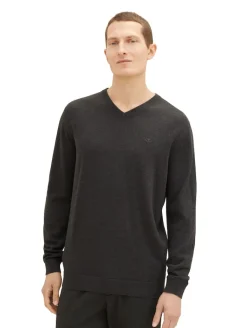 Strickpullover mit V-Ausschnitt black grey melange