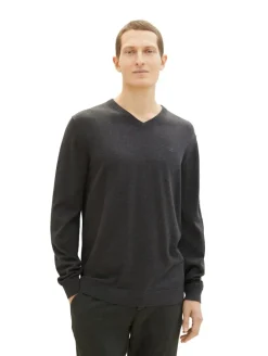 Strickpullover mit V-Ausschnitt black grey melange