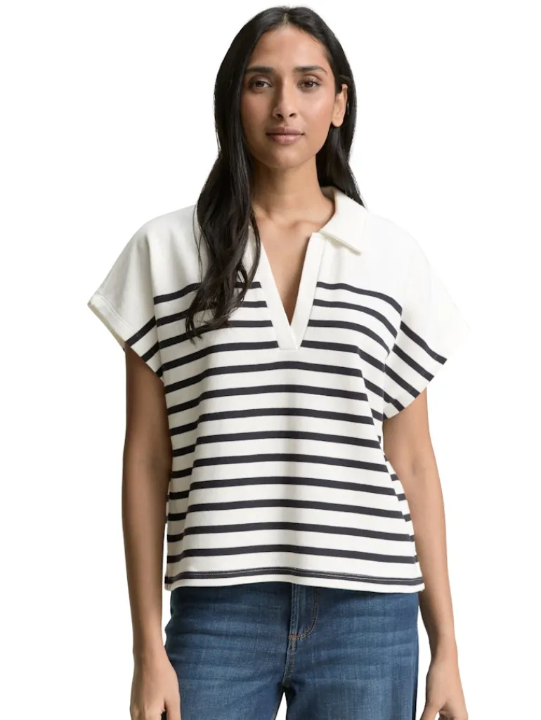 Sweatshirt in Polo-Optik offwhite navy stripe