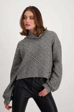 Sweatshirt mit Fischgrat-Muster schwarz gemustert