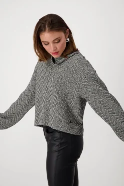 Sweatshirt mit Fischgrat-Muster schwarz gemustert