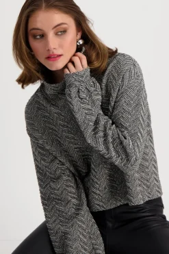Sweatshirt mit Fischgrat-Muster schwarz gemustert