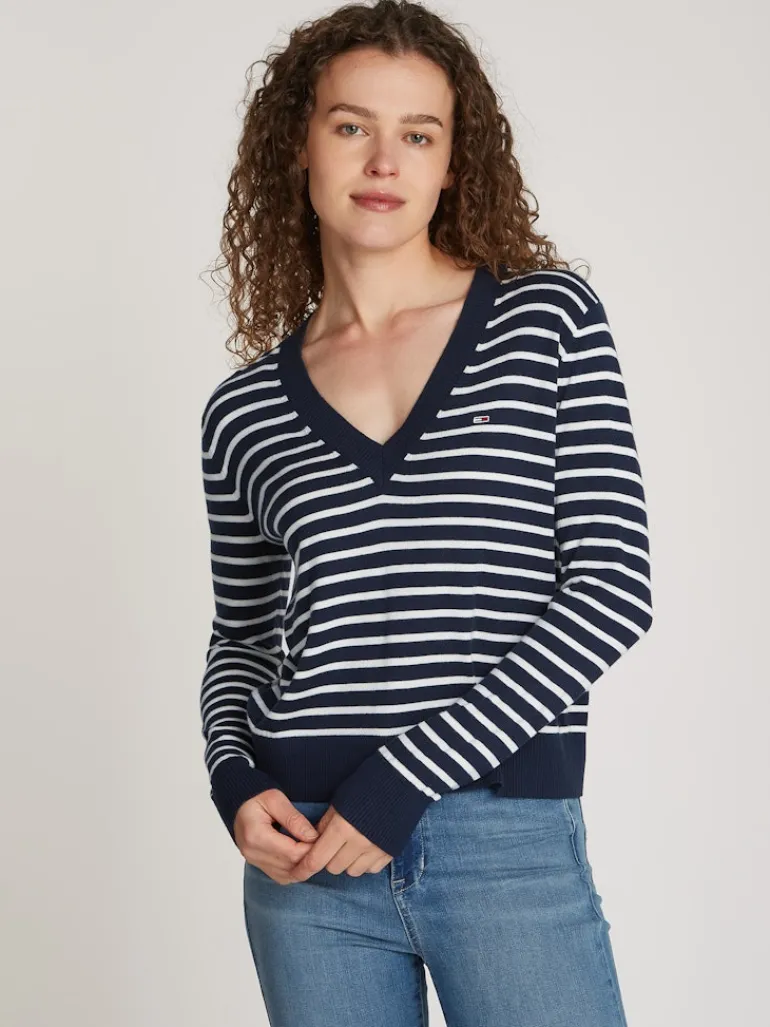 TJW ESSENTIAL VNECK SWEATER EXT navy - white stripe