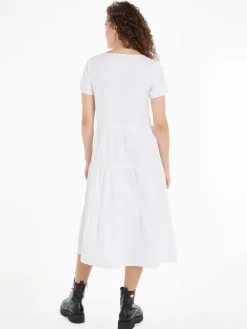 TJW POPLIN TIERED SS MIDI DRESS white