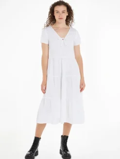 TJW POPLIN TIERED SS MIDI DRESS white