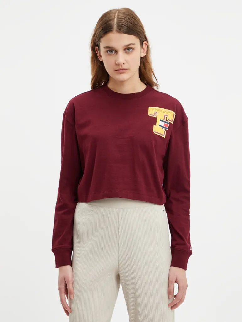 TJW RLXD CROP COLLEGIATE T LS deep rouge