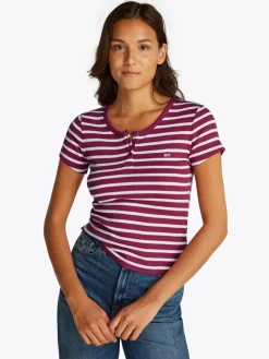 TJW SLIM BUTTON RIB C-NECK SS brilliant berry - stripe
