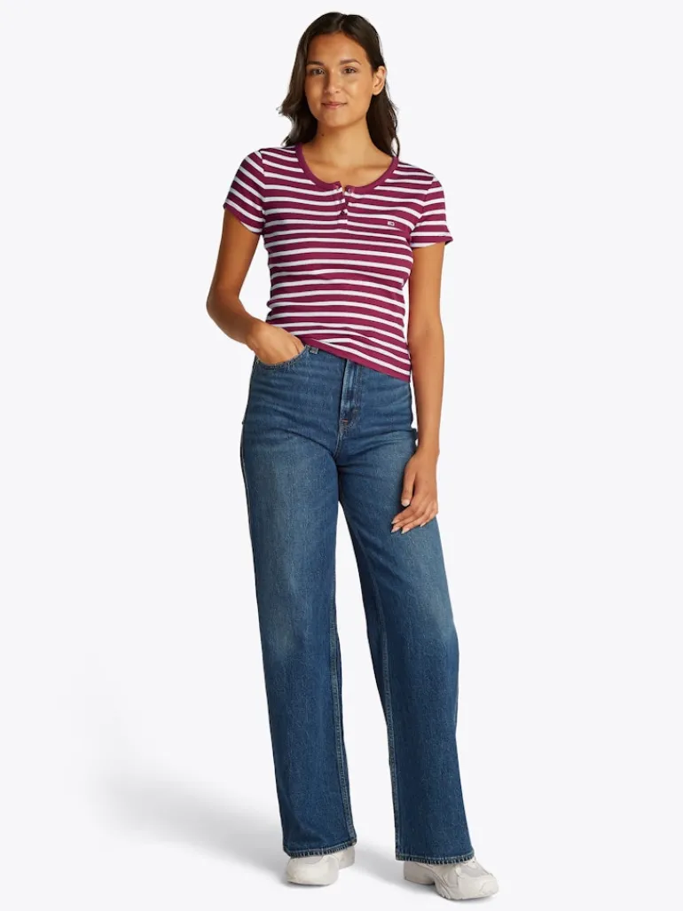 TJW SLIM BUTTON RIB C-NECK SS brilliant berry - stripe